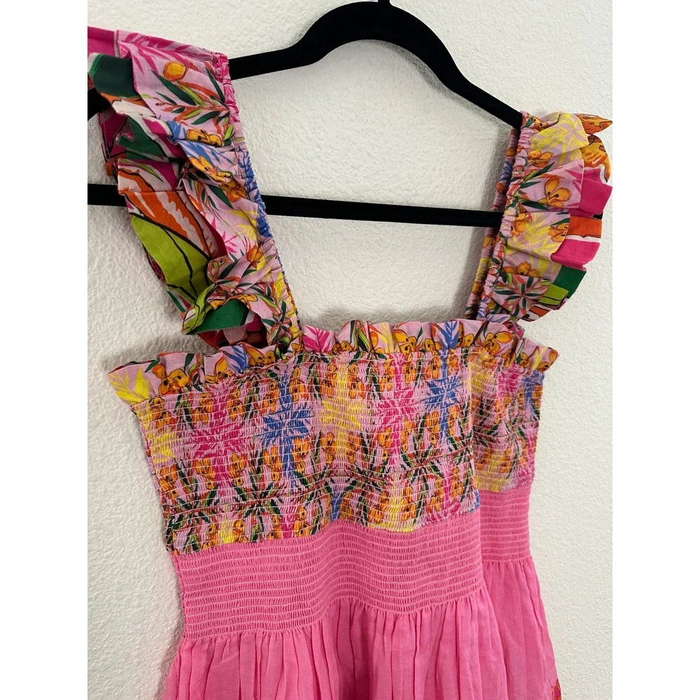 Anthropologie Roopa Pemmaraju Floral Smocked Dress Pink Ruffle Cotton Sundress M - Picture 10 of 11